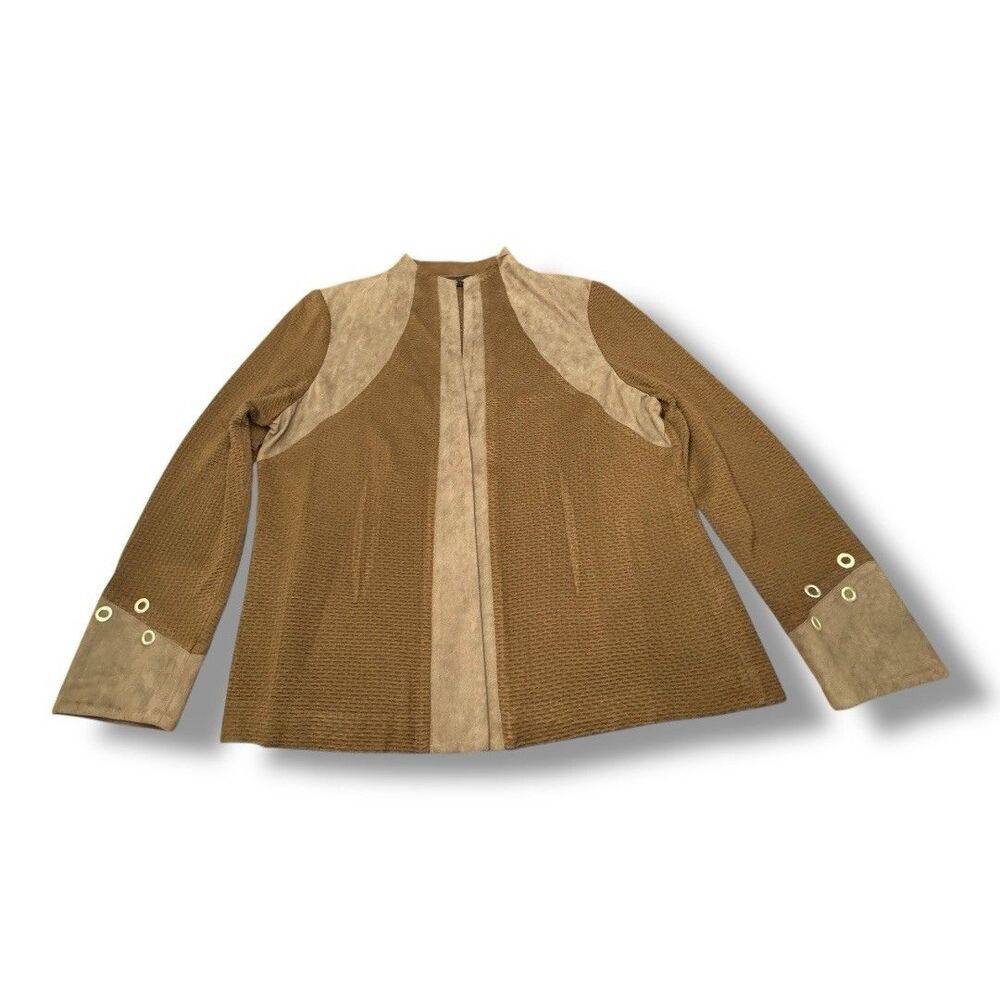 Ming Wang Faux Suede Brown Jacket Knit Gold Grommets Office Fashion Women’s Sz L